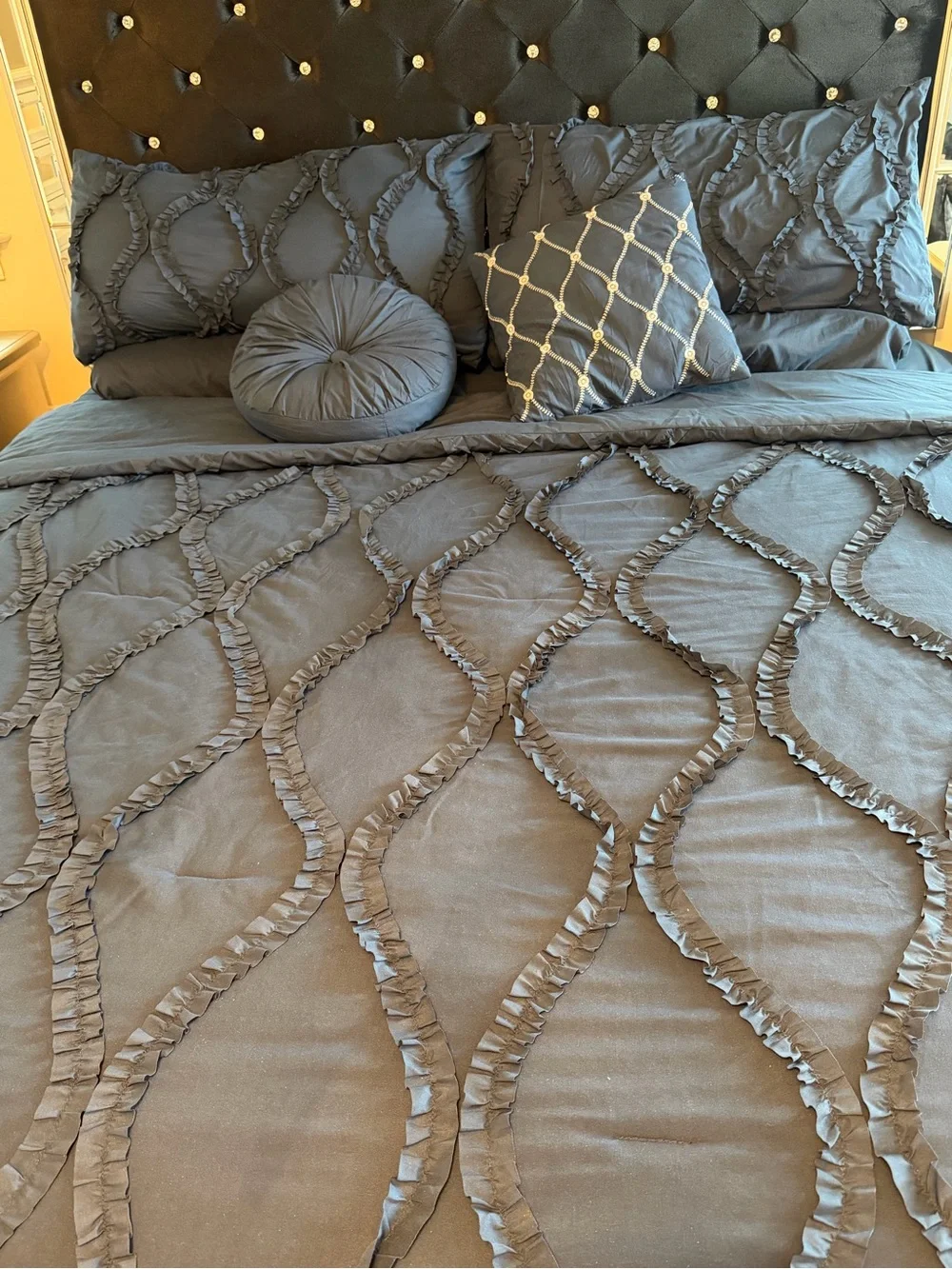 Navy Blue Ruffle Comforter Bedding Set with Decorative Pillows